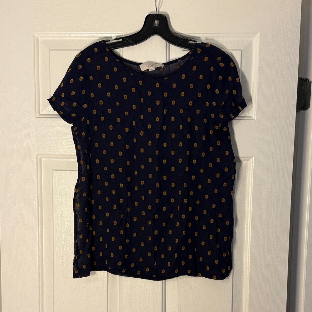 Ann Taylor LOFT Navy Blue and Gold Polka Dot Women's Top Medium